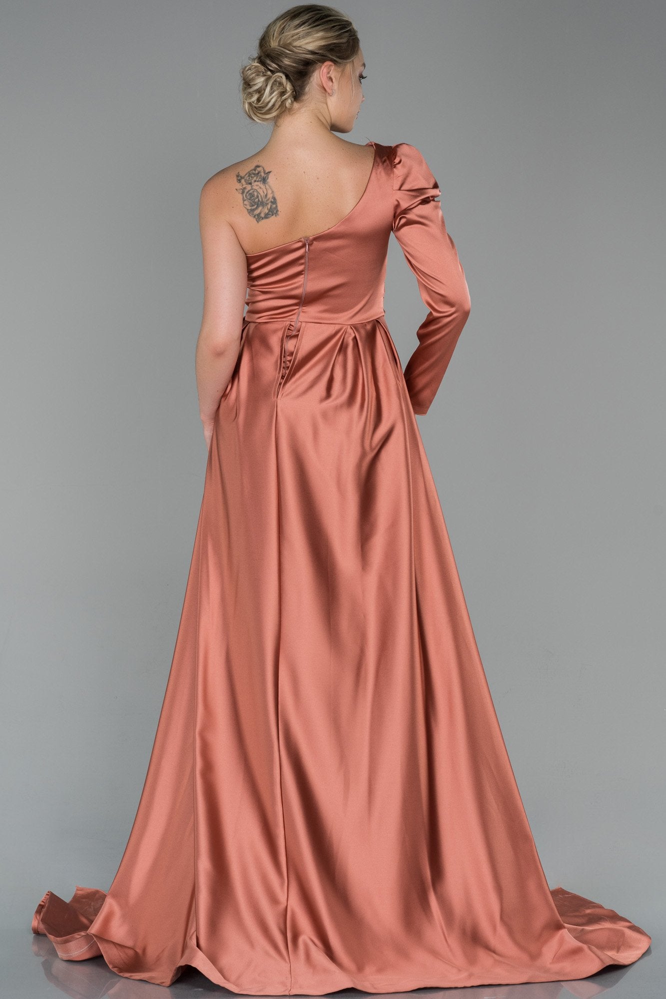 19447 Dark Peach One Shoulder Train Slit Satin Dress