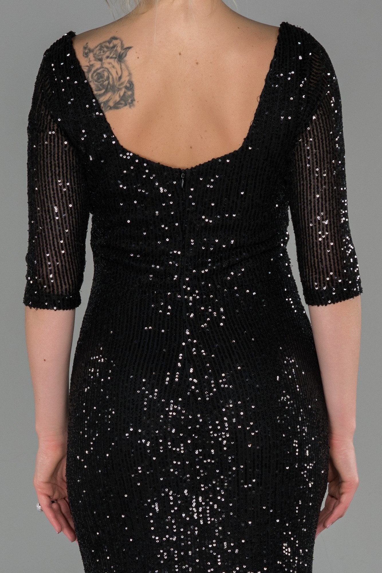 19349 Black Sequins Slit Dress