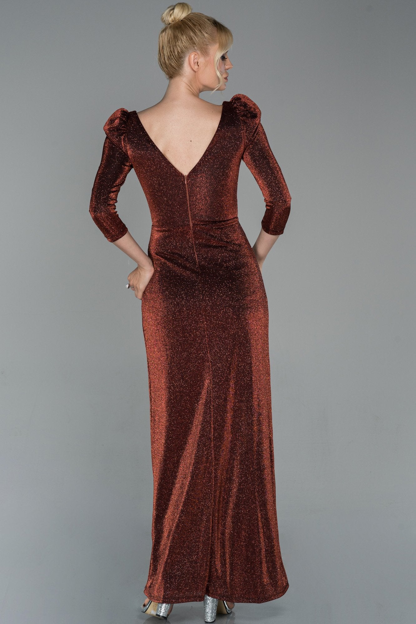 19362 Copper Capri Puff Sleeve Shimmer Slit Dress