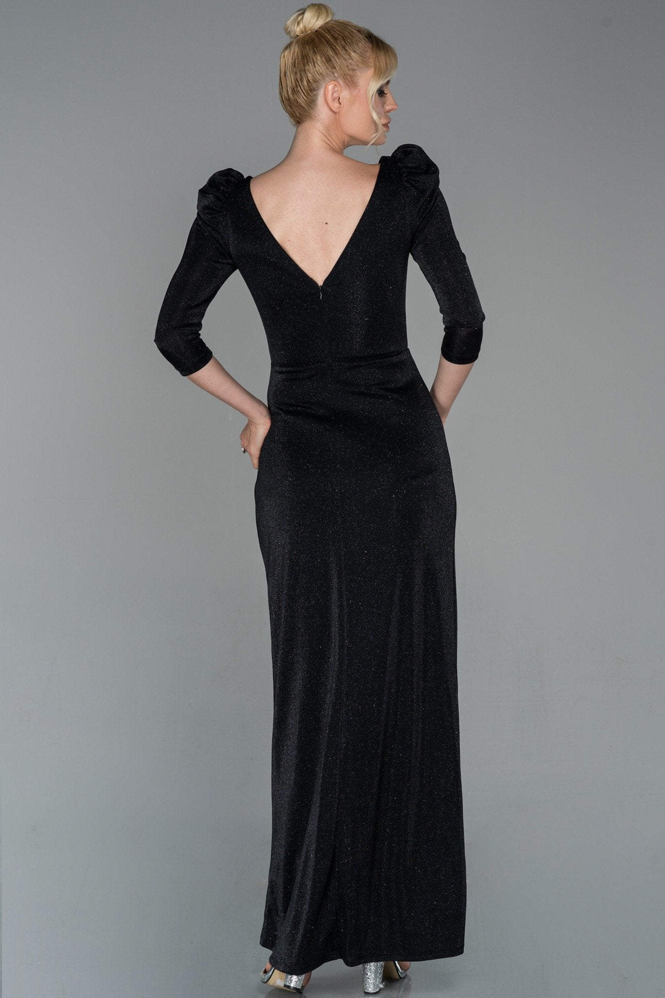 19364 Black Puff Sleeve Shimmer Slit Dress