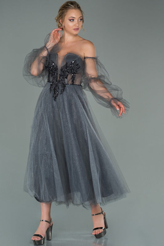 19538 Grey Stone Embroidered Off-Shoulder Shimmer Tulle Dress