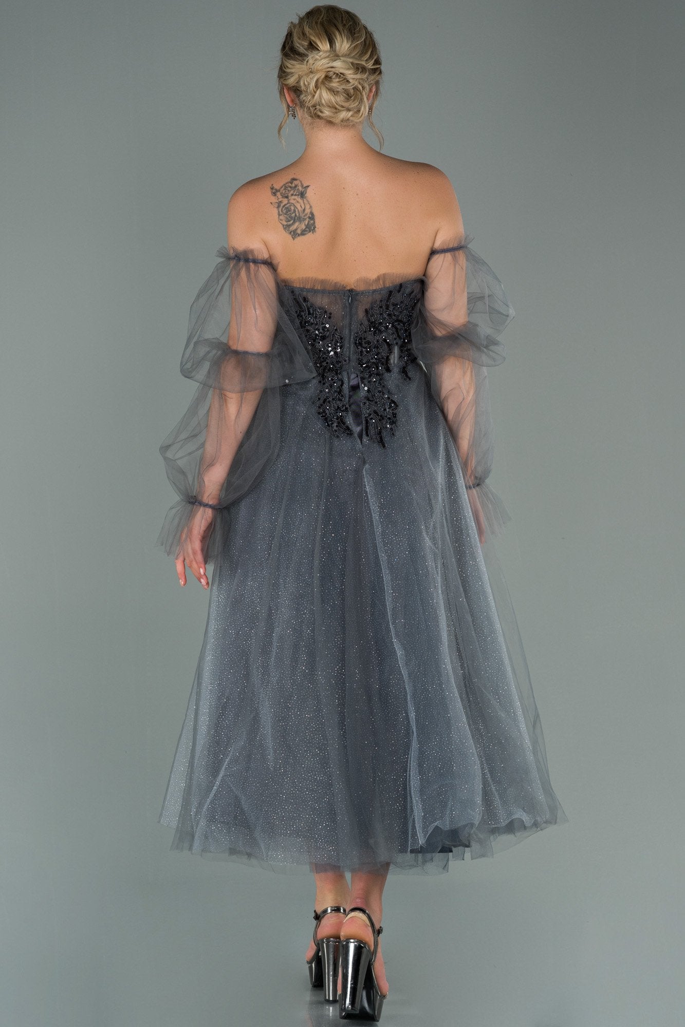 19538 Grey Stone Embroidered Off-Shoulder Shimmer Tulle Dress