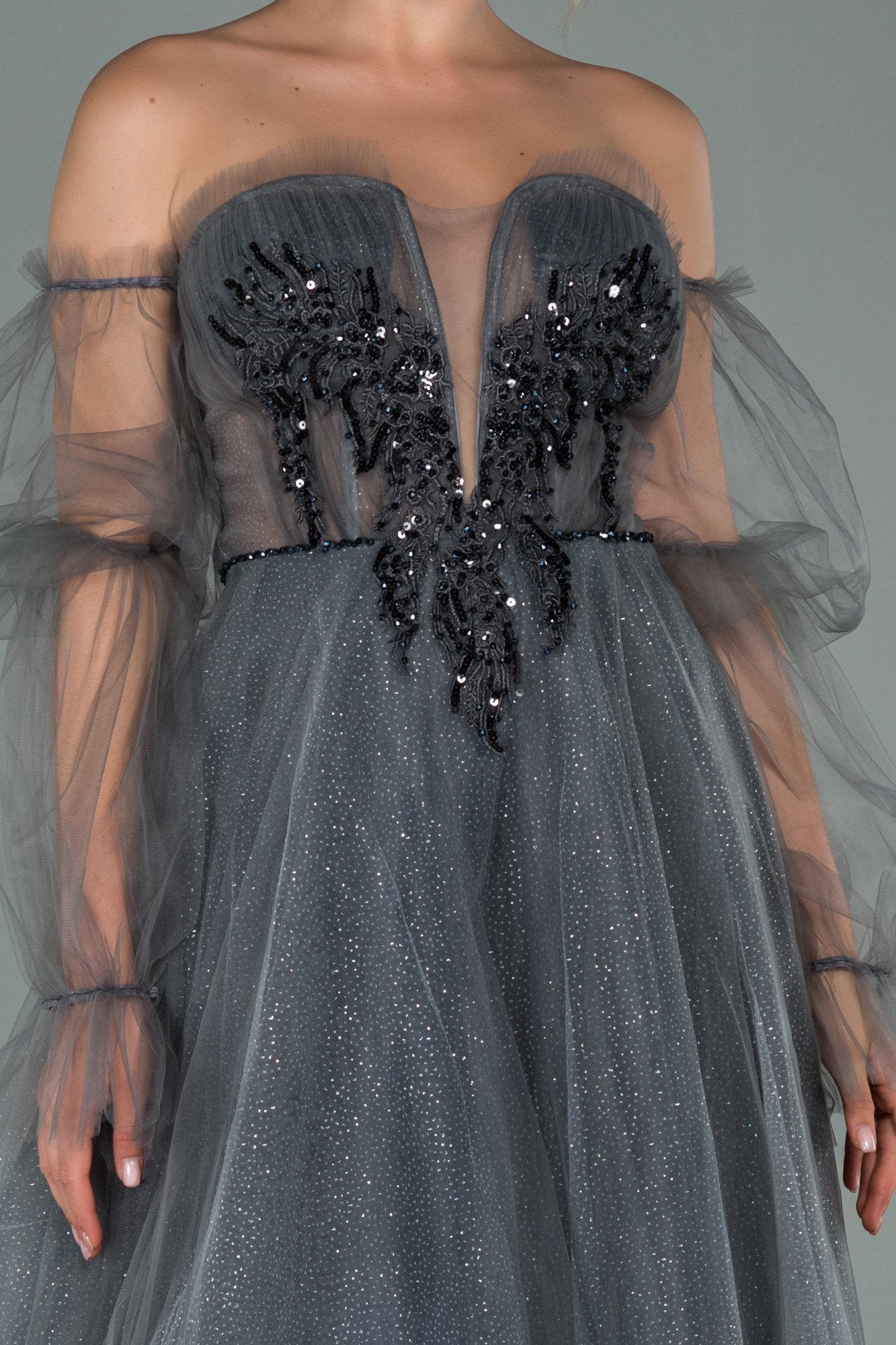19538 Grey Stone Embroidered Off-Shoulder Shimmer Tulle Dress