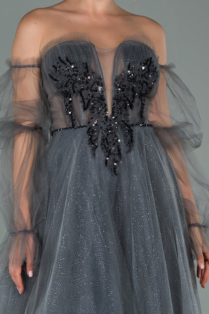 19538 Grey Stone Embroidered Off-Shoulder Shimmer Tulle Dress