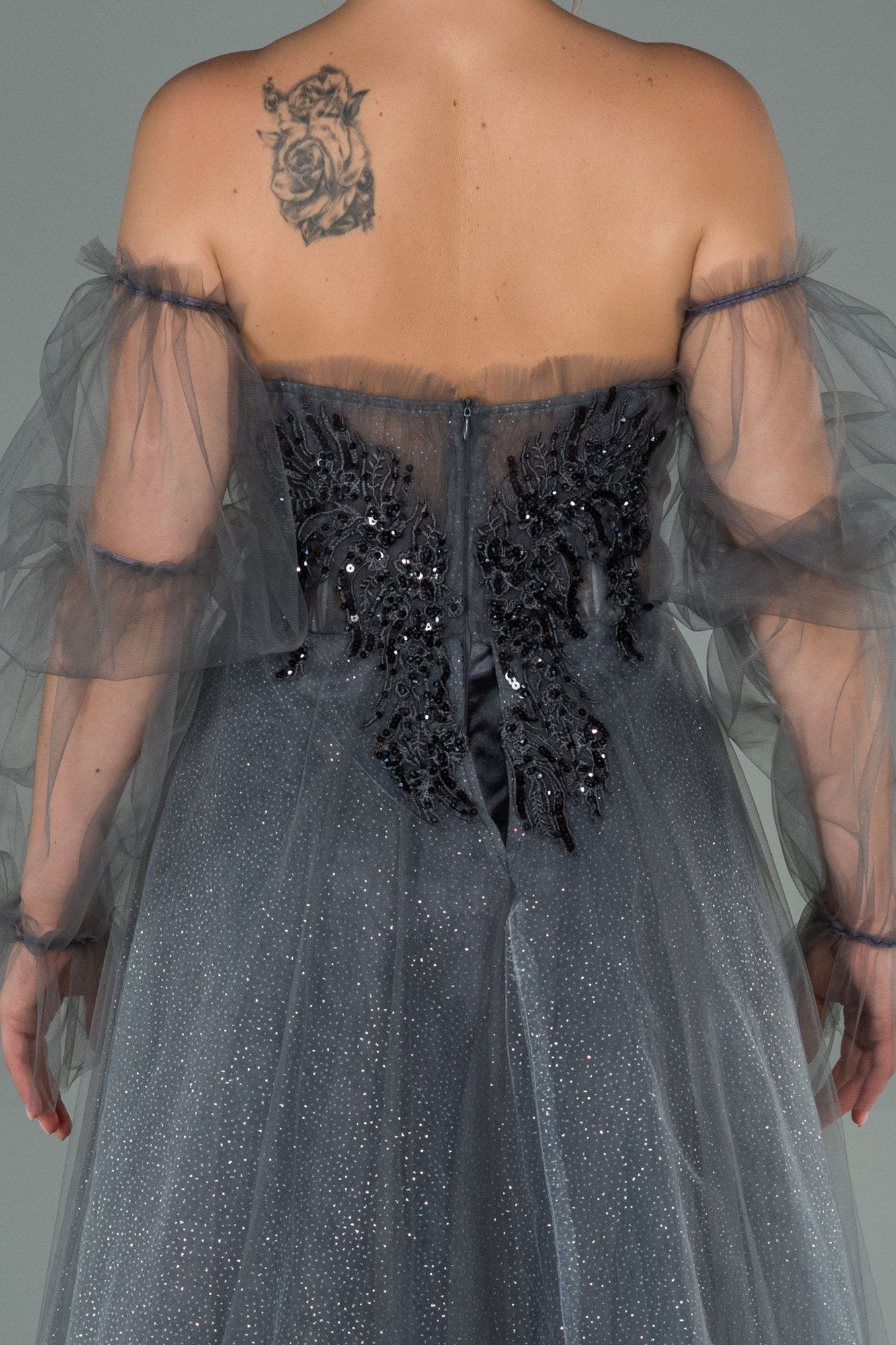 19538 Grey Stone Embroidered Off-Shoulder Shimmer Tulle Dress
