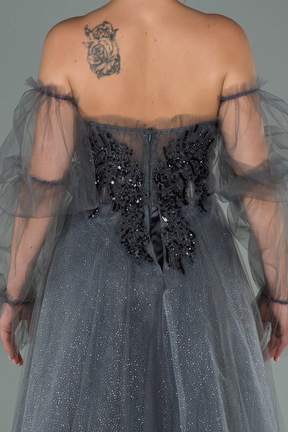 19538 Grey Stone Embroidered Off-Shoulder Shimmer Tulle Dress