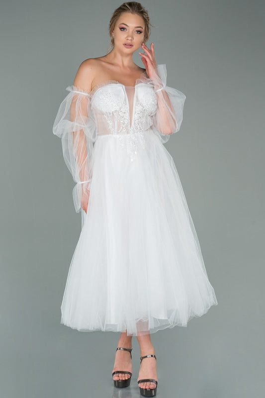 19539 Ecru Stone Embroidered Off-Shoulder Shimmer Tulle Dress