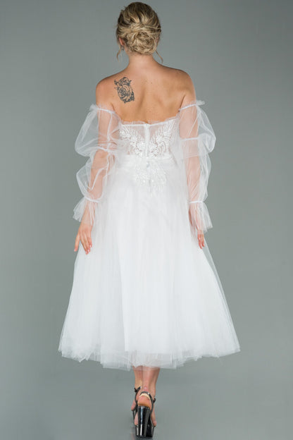 19539 Ecru Stone Embroidered Off-Shoulder Shimmer Tulle Dress
