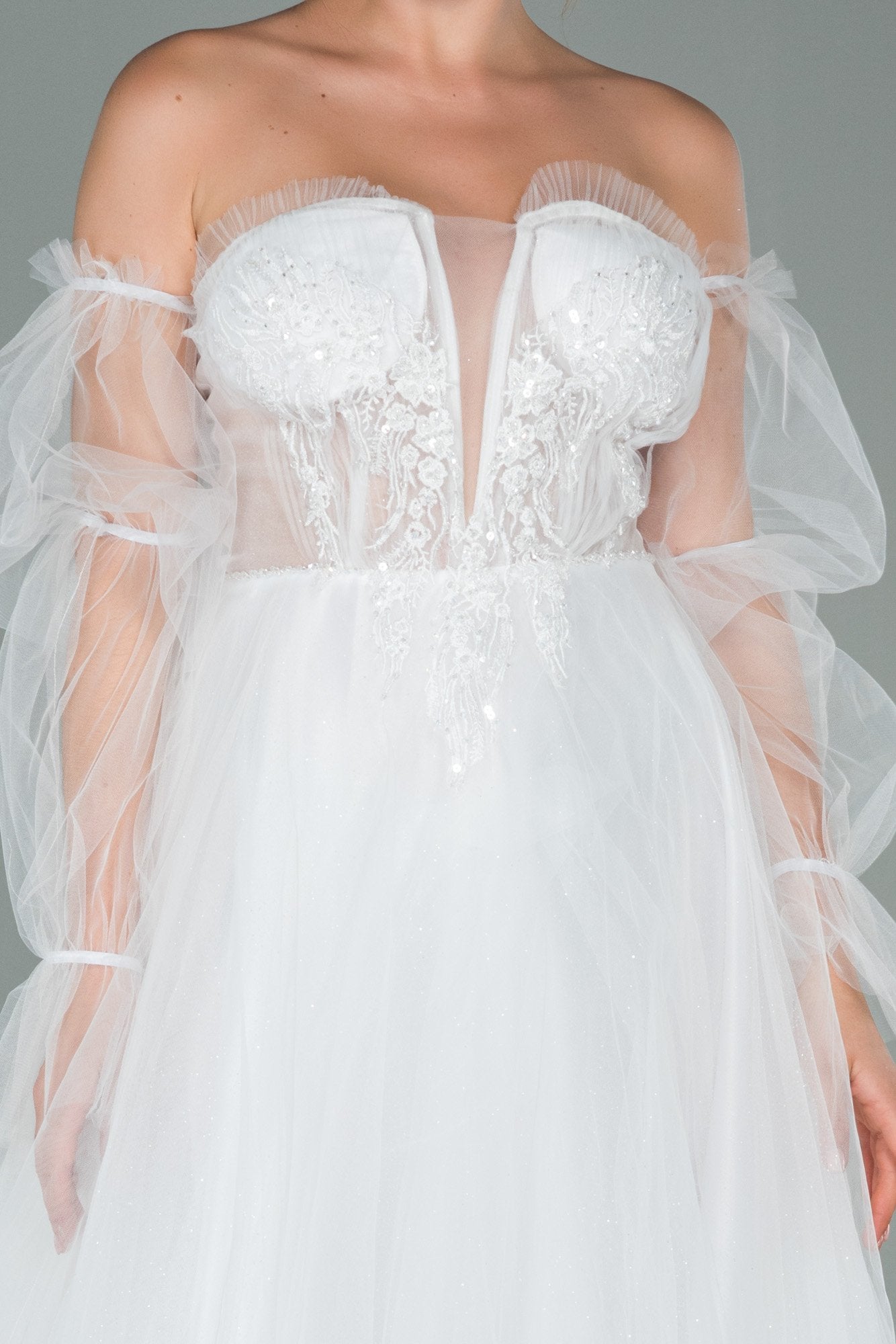 19539 Ecru Stone Embroidered Off-Shoulder Shimmer Tulle Dress
