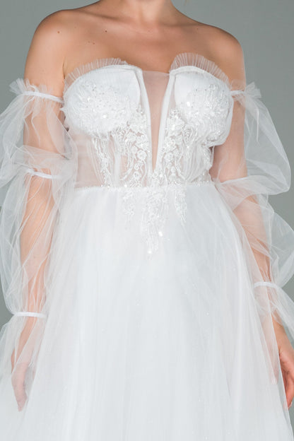 19539 Ecru Stone Embroidered Off-Shoulder Shimmer Tulle Dress