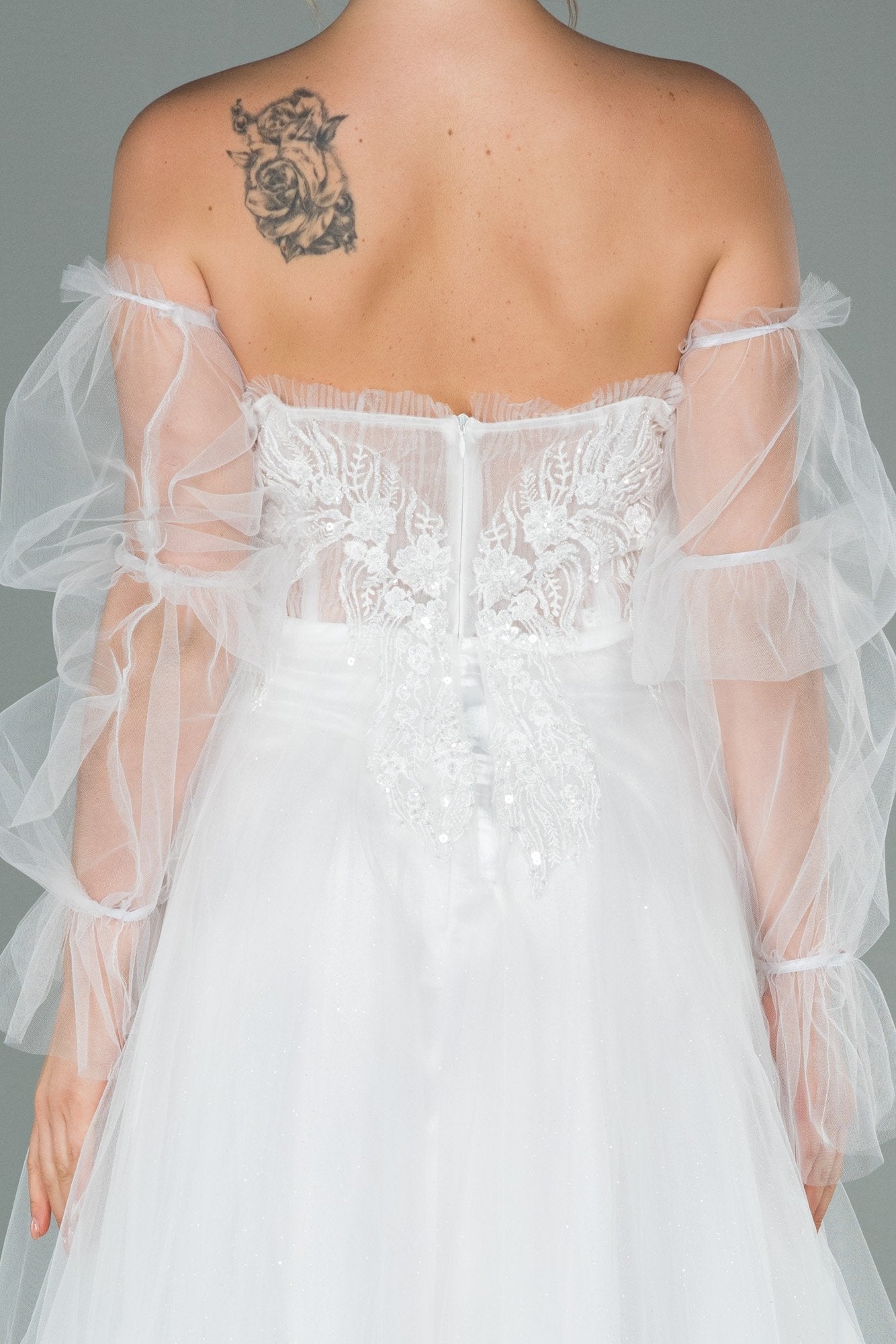 19539 Ecru Stone Embroidered Off-Shoulder Shimmer Tulle Dress