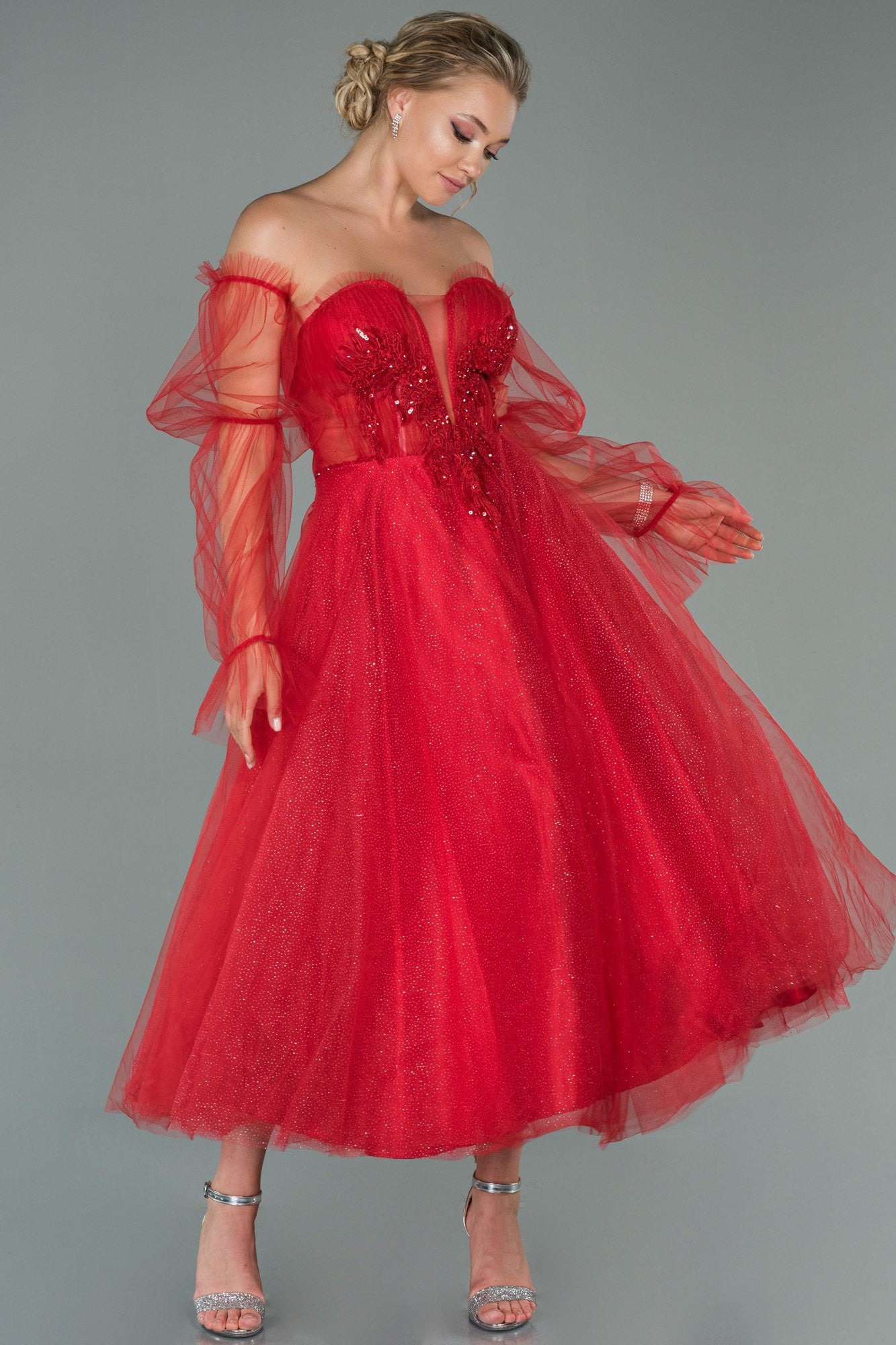 19537 Red Stone Embroidered Off-Shoulder Tulle Dress