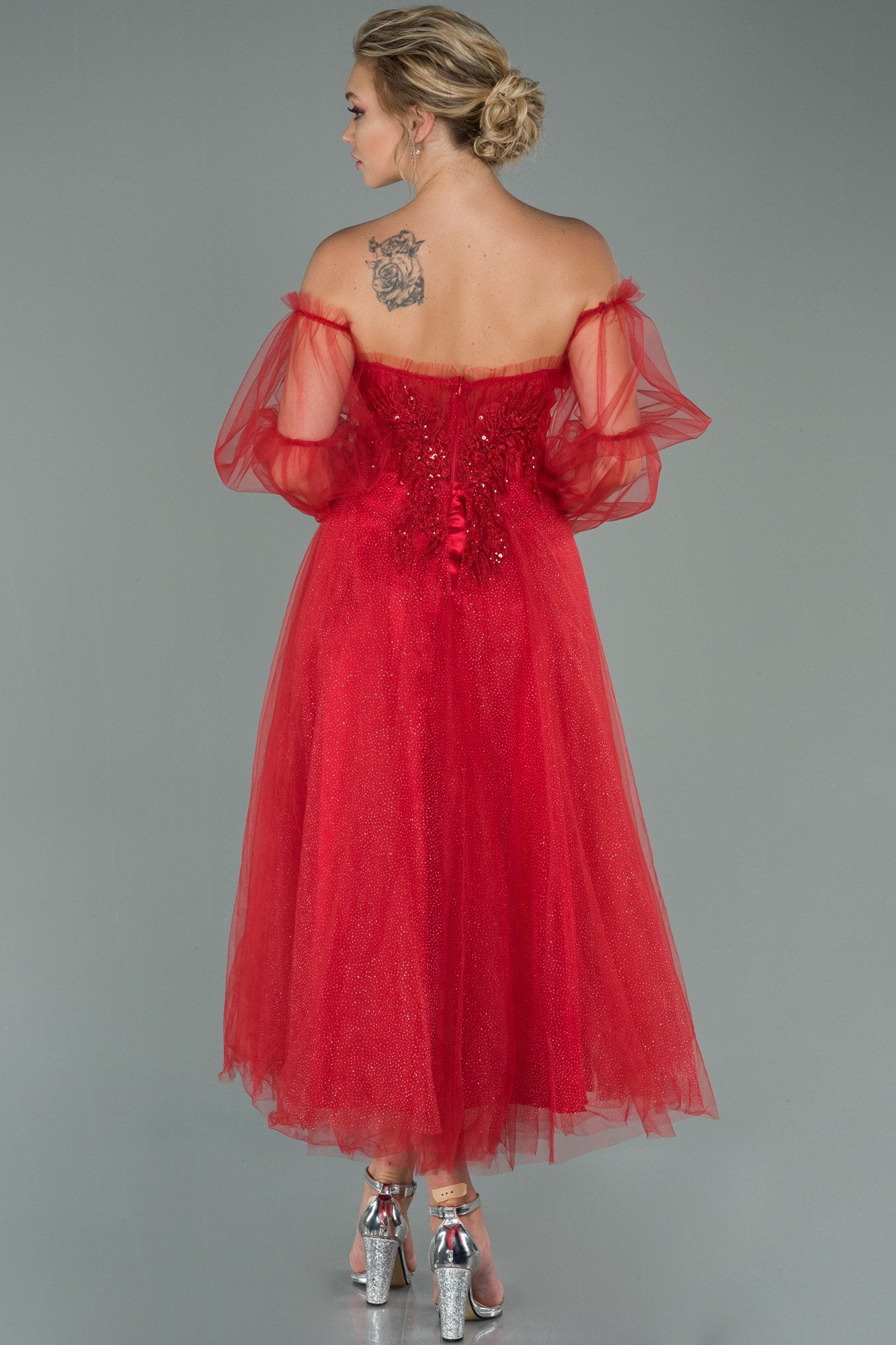 19537 Red Stone Embroidered Off-Shoulder Tulle Dress