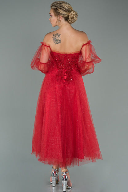 19537 Red Stone Embroidered Off-Shoulder Tulle Dress