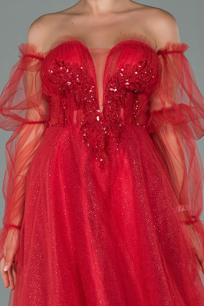 19537 Red Stone Embroidered Off-Shoulder Tulle Dress