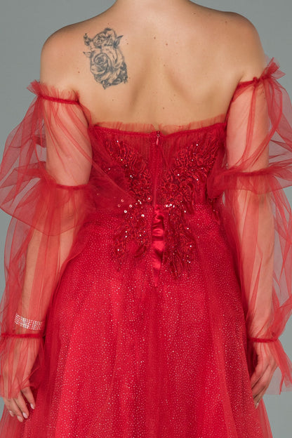19537 Red Stone Embroidered Off-Shoulder Tulle Dress