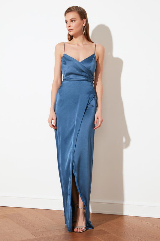 19030 Blue Wrap Skirt Satin Strap Dress