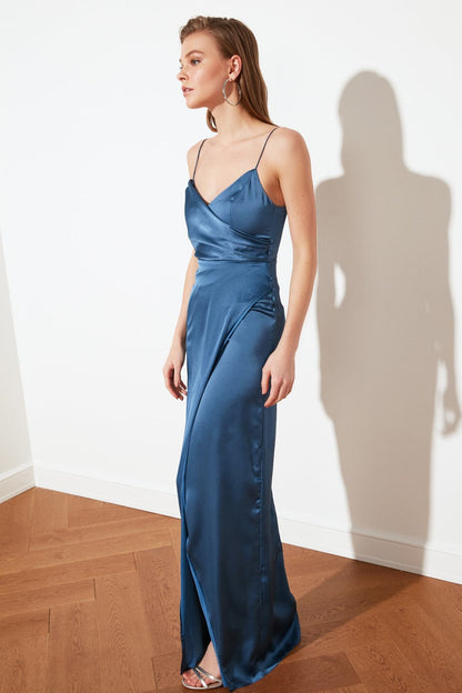 19030 Blue Wrap Skirt Satin Strap Dress