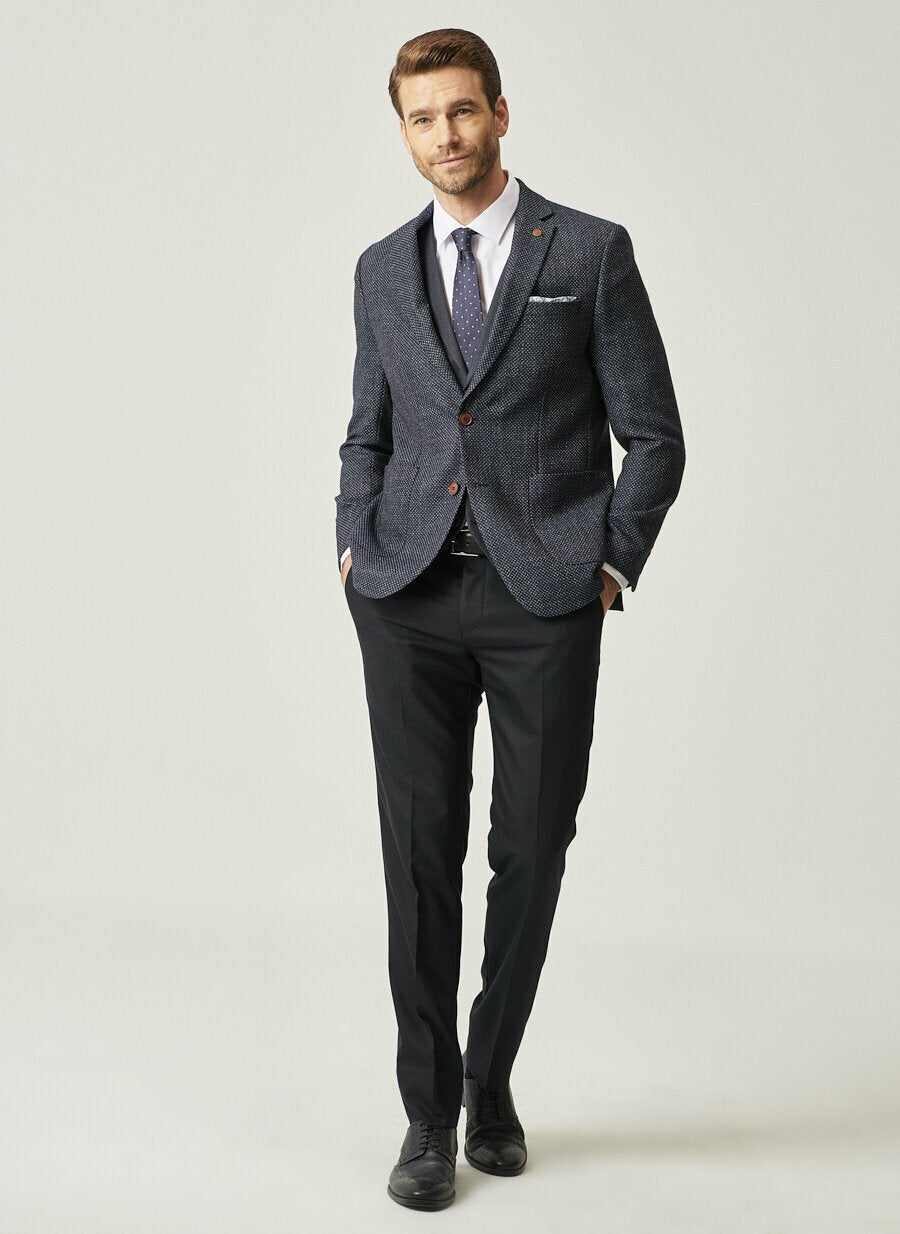 18814 Navy-Blue Slim Fit Patterned 3 Piece Suit