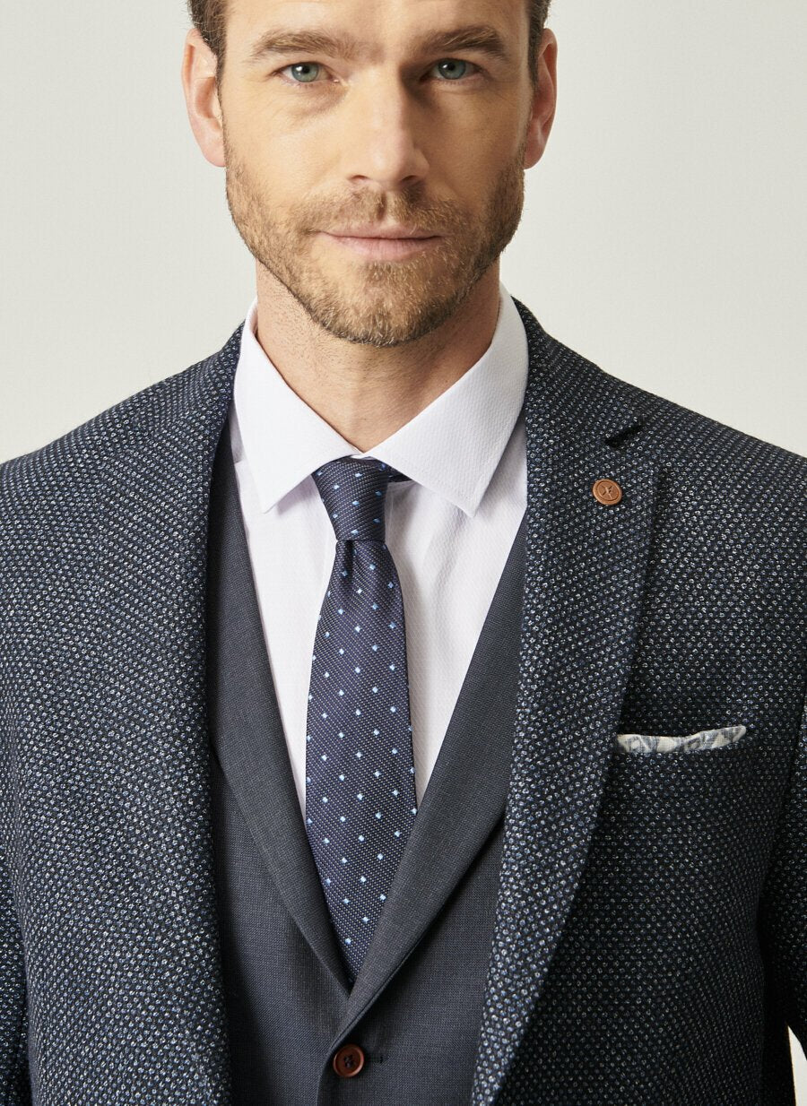 18814 Navy-Blue Slim Fit Patterned 3 Piece Suit