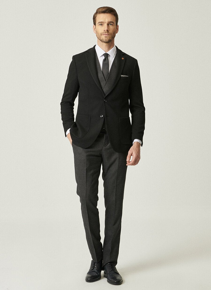 18817 Black-Grey Slim Fit Patterned 3 Piece Combine Suit