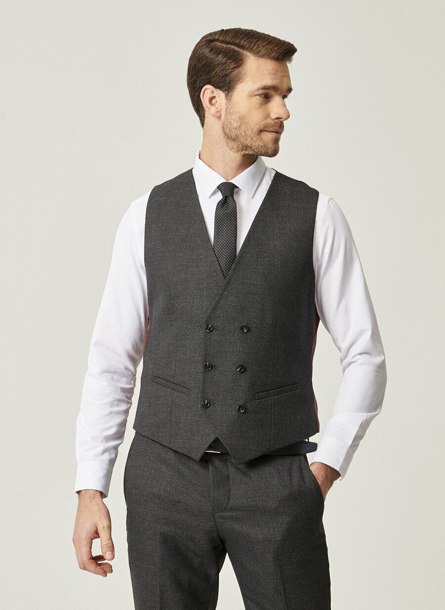 18817 Black-Grey Slim Fit Patterned 3 Piece Combine Suit