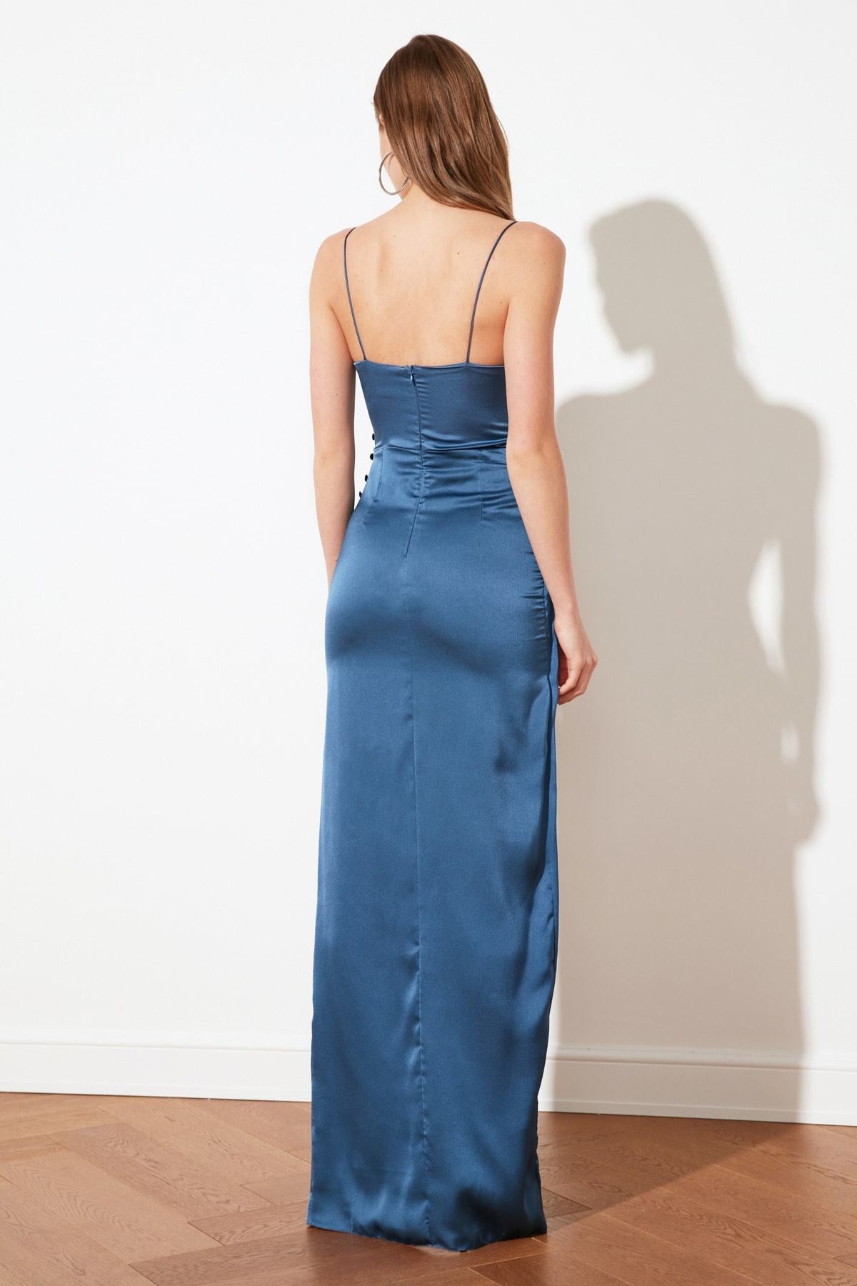 19030 Blue Wrap Skirt Satin Strap Dress