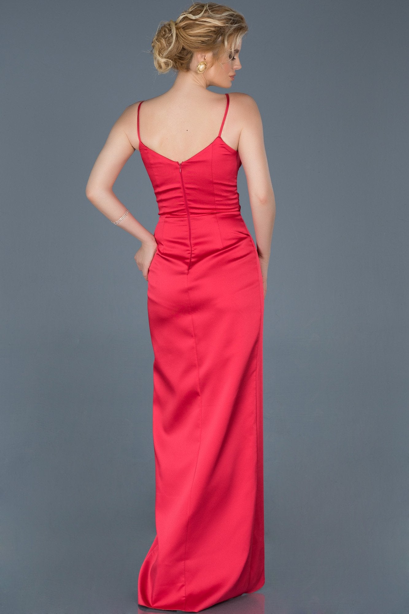 17985 Red Draped Wrap Skirt Slit Satin Dress