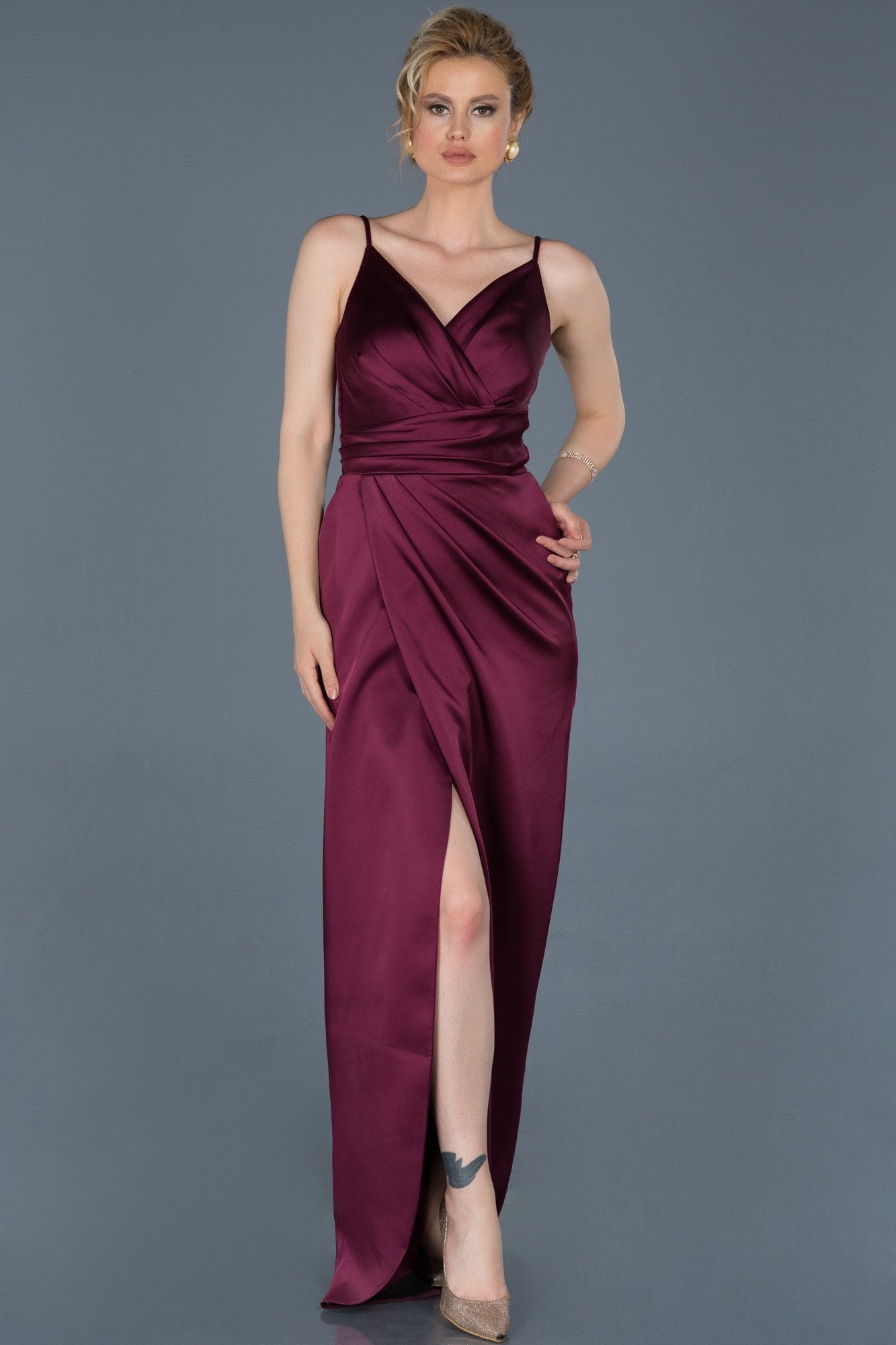 17981 Plum Draped Wrap Skirt Slit Satin Dress