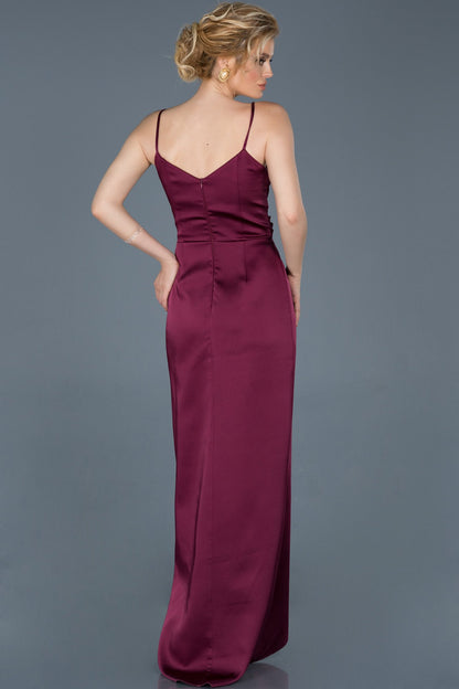 17981 Plum Draped Wrap Skirt Slit Satin Dress