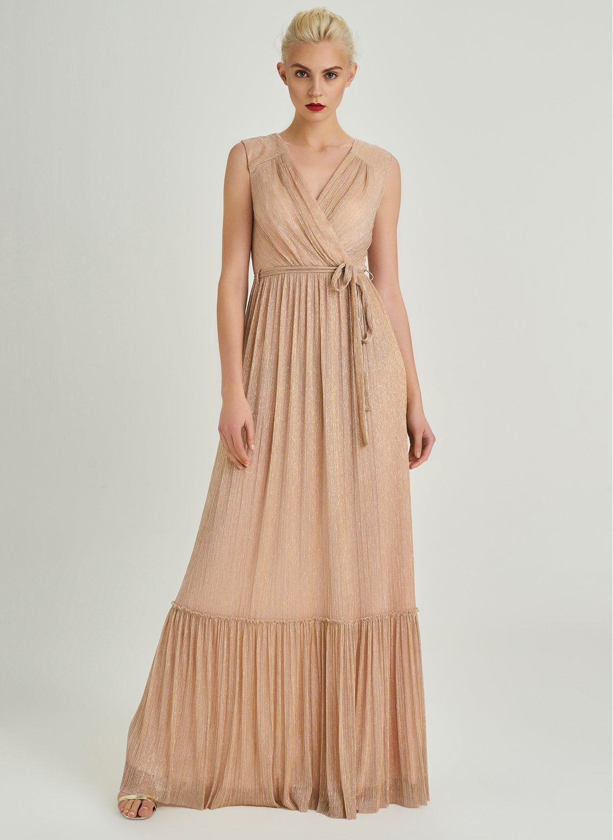 1330045 Powder Silvery Tiered Evening Dress