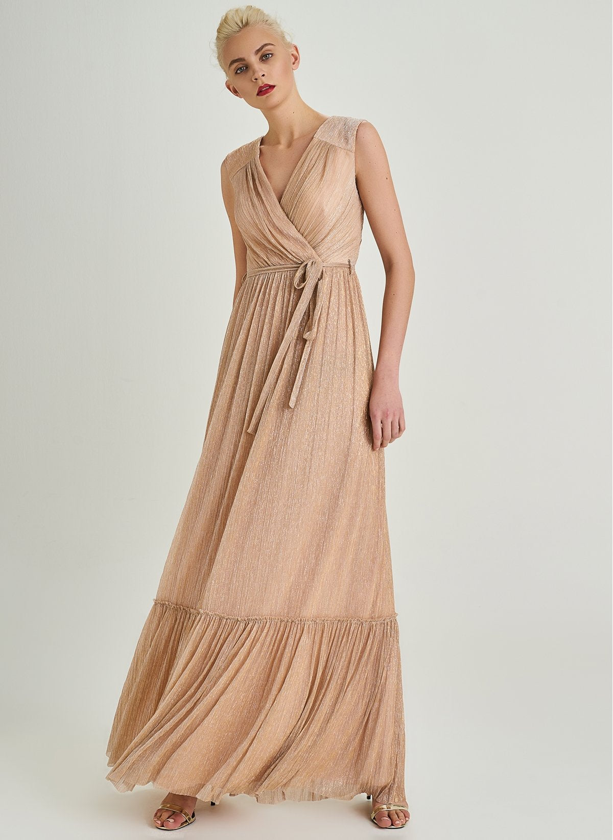 1330045 Powder Silvery Tiered Evening Dress
