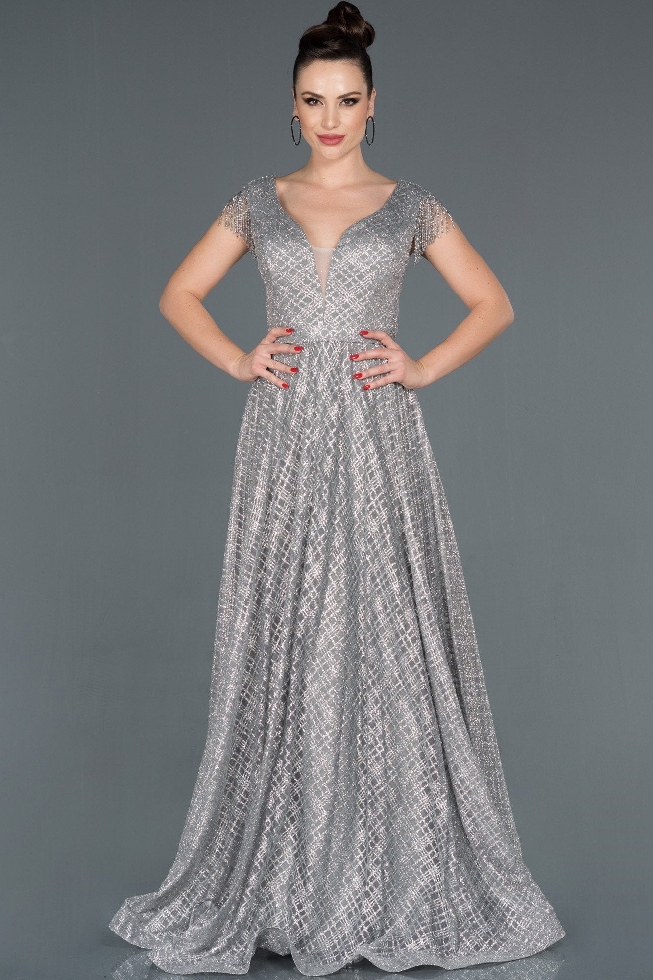 16019 grey silver tassel sleeve shimmer dress