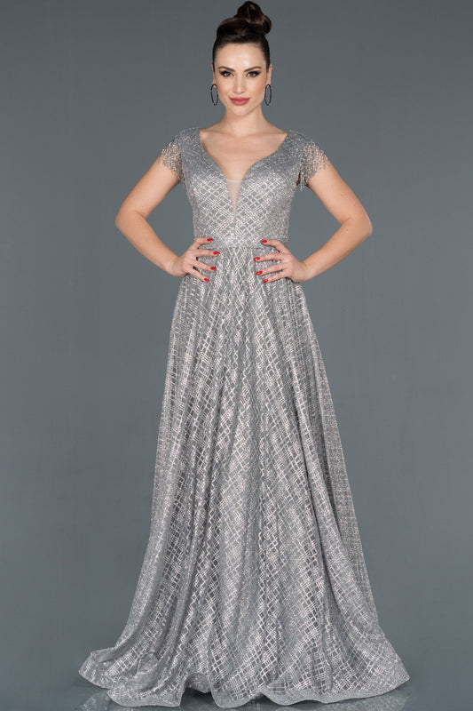 16019 grey silver tassel sleeve shimmer dress