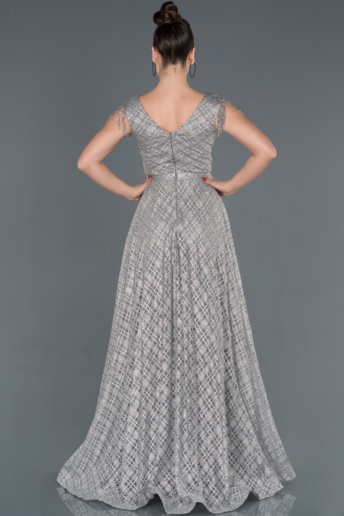 16019 grey silver tassel sleeve shimmer dress