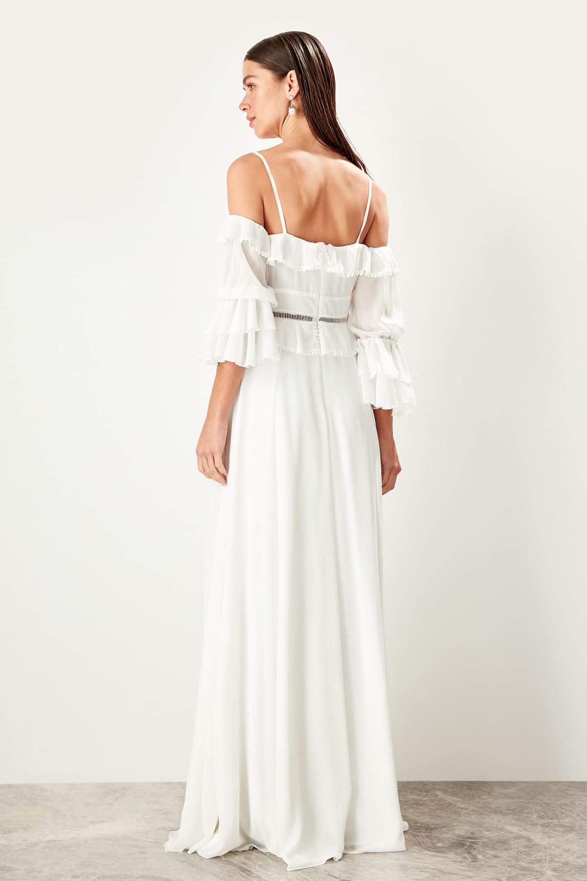 5006 Ecru Off-Shoulder Sleeve Slit Dress