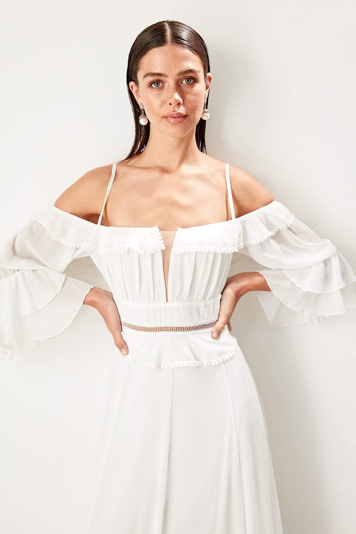 5006 Ecru Off-Shoulder Sleeve Slit Dress