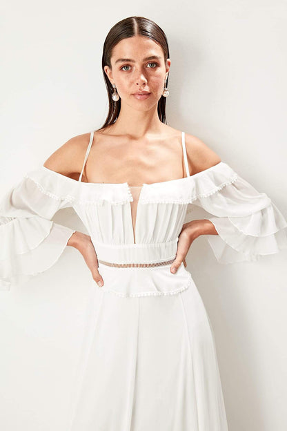 5006 Ecru Off-Shoulder Sleeve Slit Dress