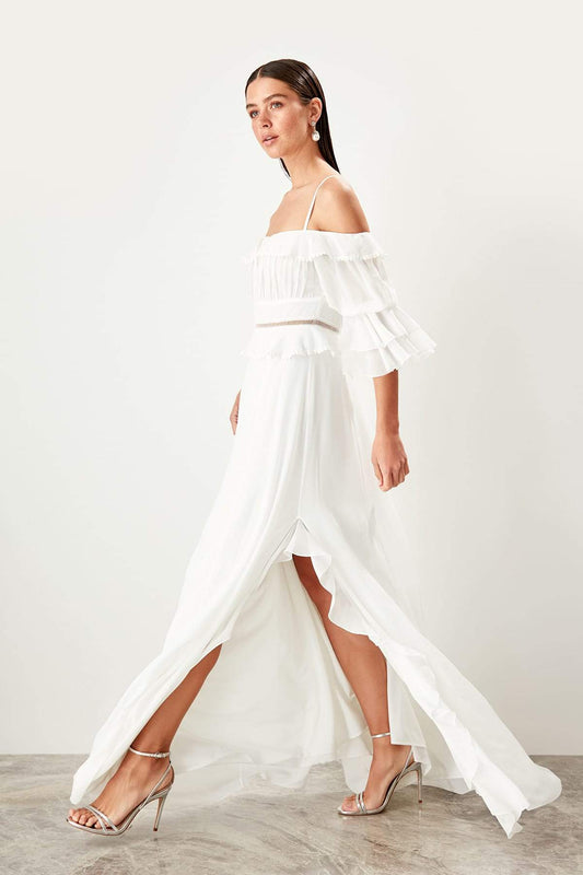 5006 Ecru Off-Shoulder Sleeve Slit Dress