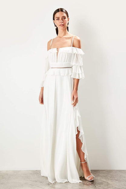 5006 Ecru Off-Shoulder Sleeve Slit Dress