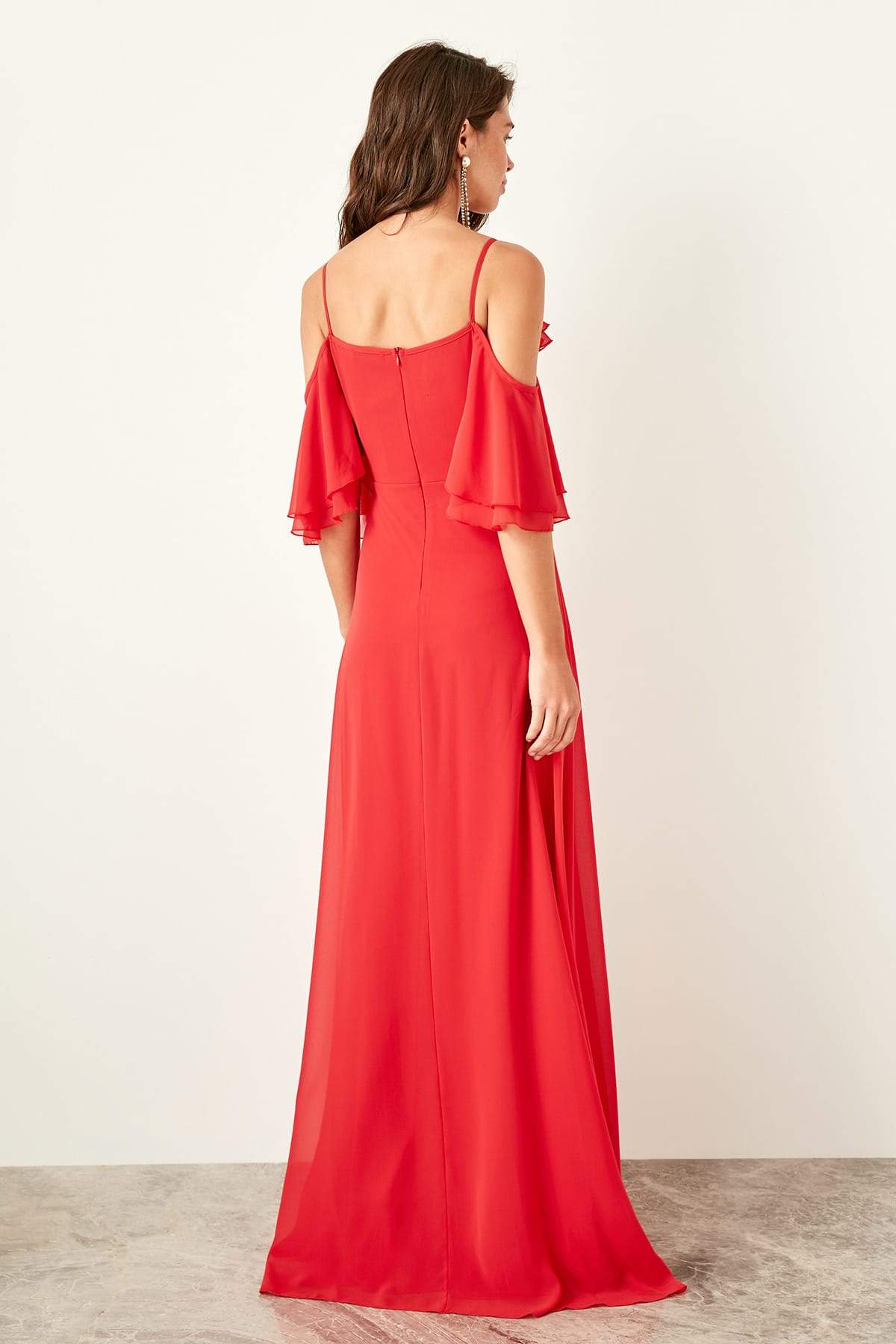 4877 Red Cold Shoulder Chiffon Dress