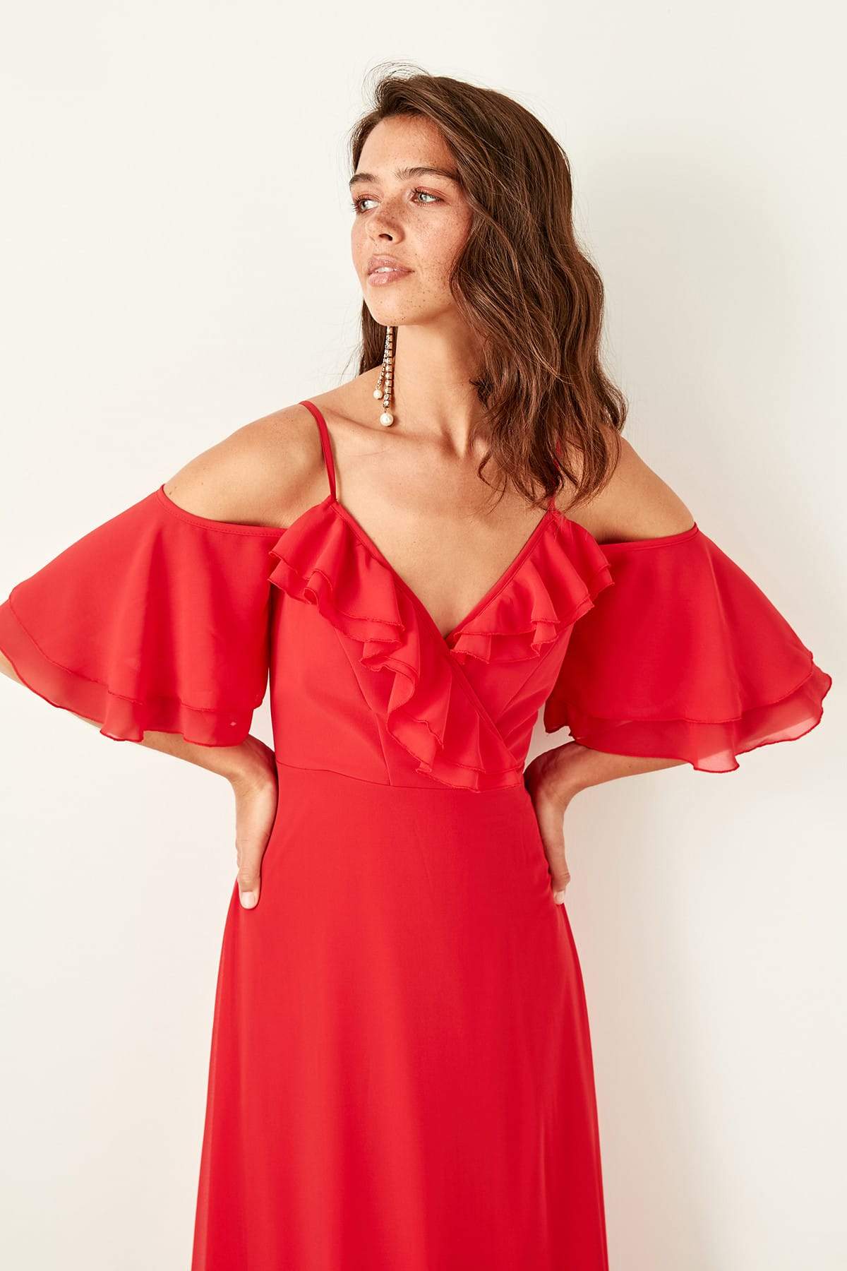 4877 Red Cold Shoulder Chiffon Dress