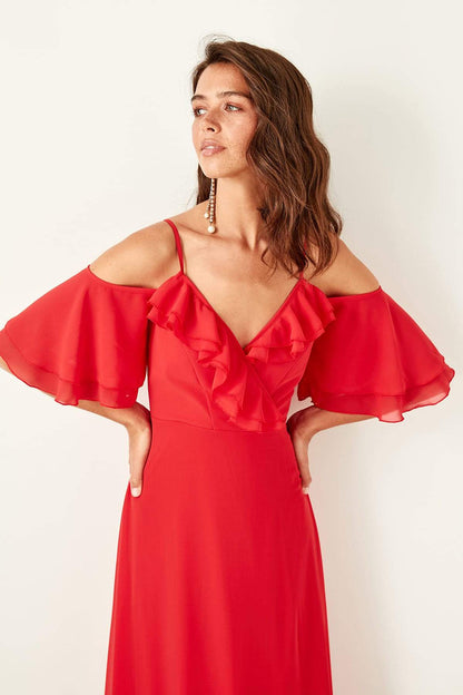 4877 Red Cold Shoulder Chiffon Dress