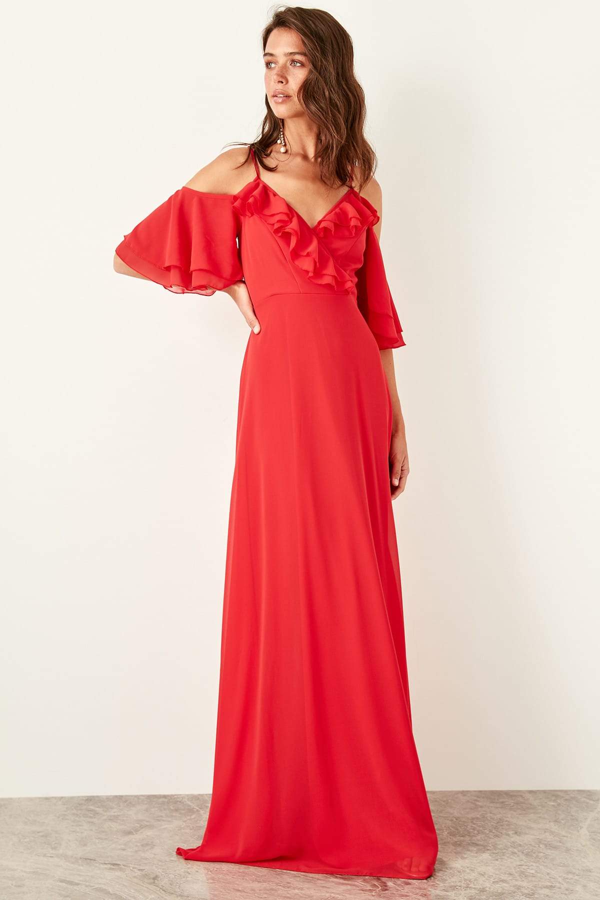 4877 Red Cold Shoulder Chiffon Dress