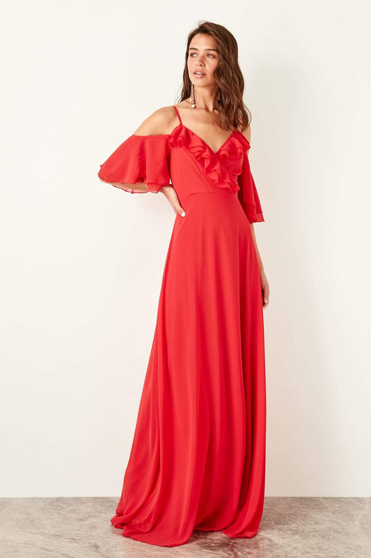 4877 Red Cold Shoulder Chiffon Dress