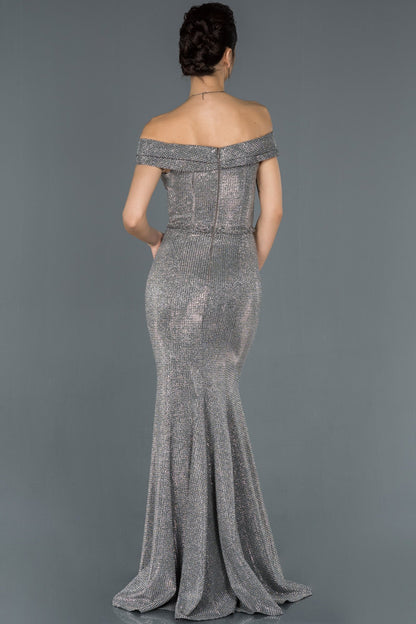 16938 anthracite off shoulder shimmer slit dress