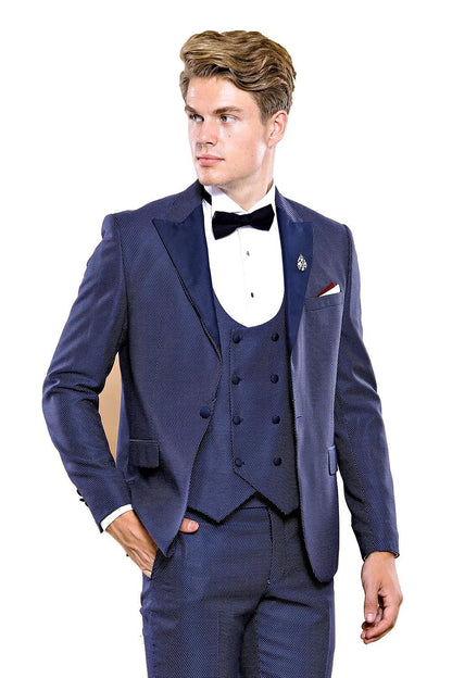 4455 Navy Blue Dot Patterned Tuxedo