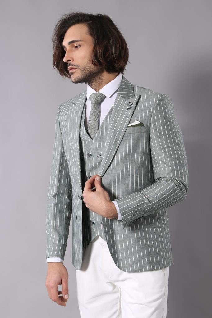 4299 Green Stripe Waistcoat Suit