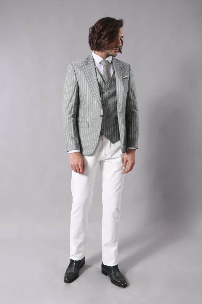 4299 Green Stripe Waistcoat Suit