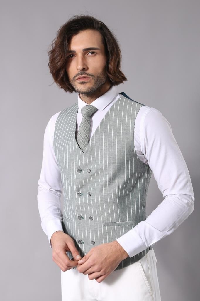 4299 Green Stripe Waistcoat Suit